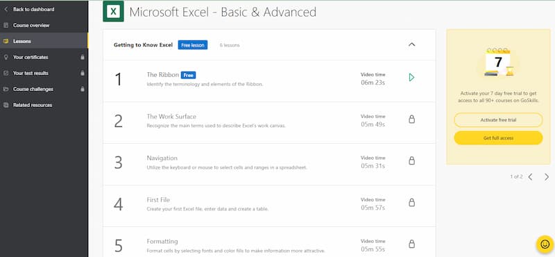 Goskills Microsoft Excel lessons