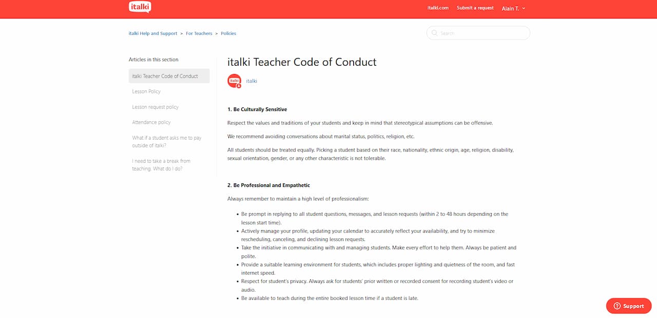 italki teacher code of conduct