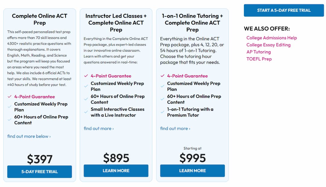 PrepScholar ACT prices