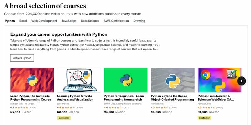 udemy broad courses selection