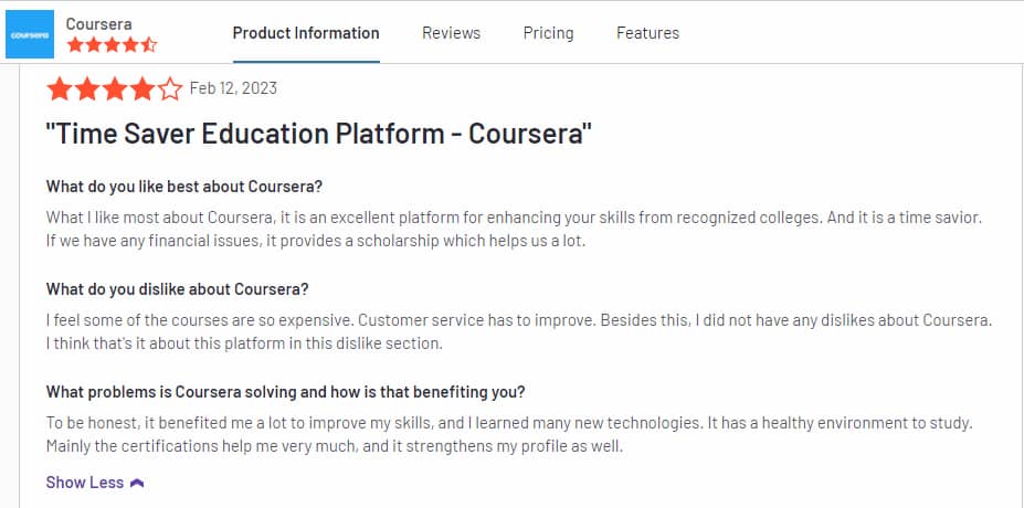 Coursera product information