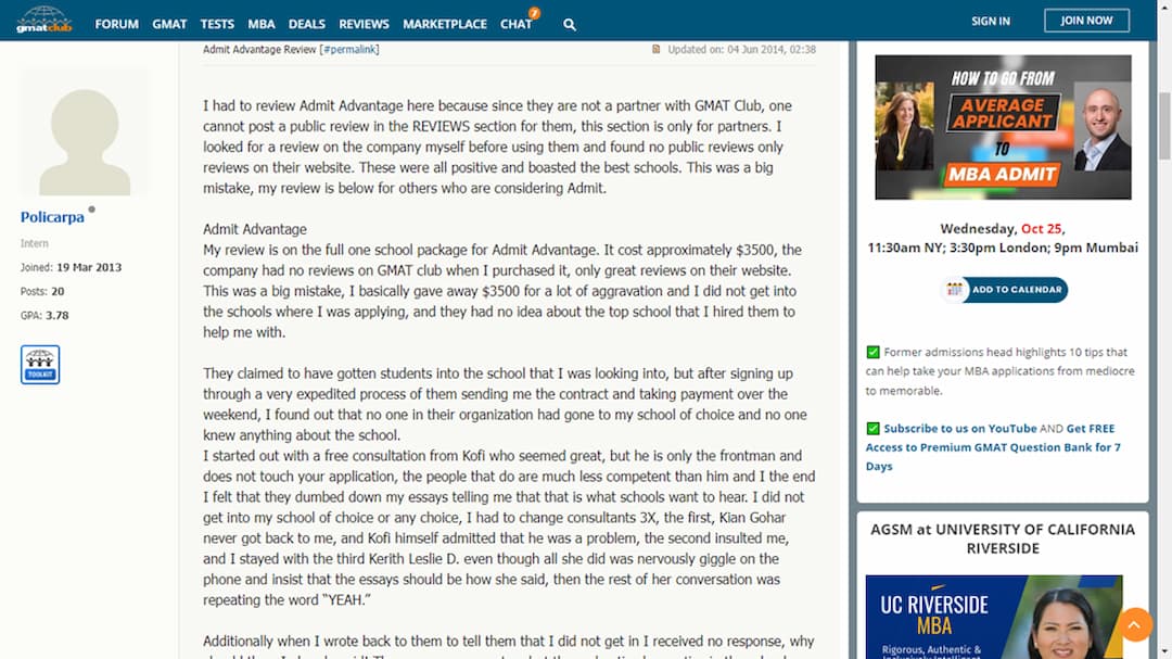 admit advantage review on gmatclub