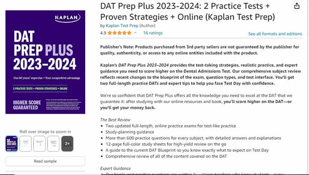 Kaplan’s DAT Prep Plus materials description