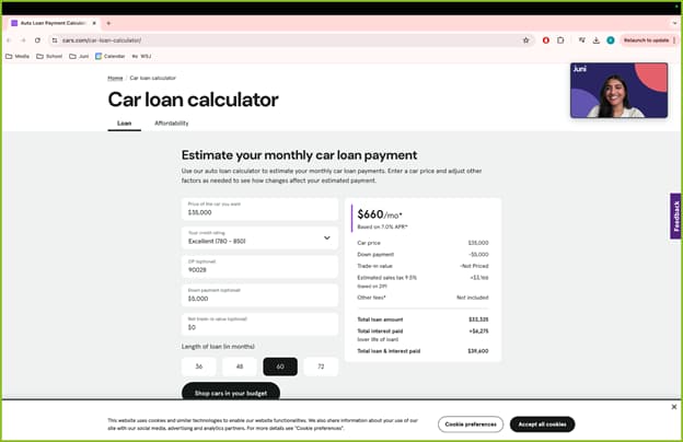 juni learning car loan calculator example